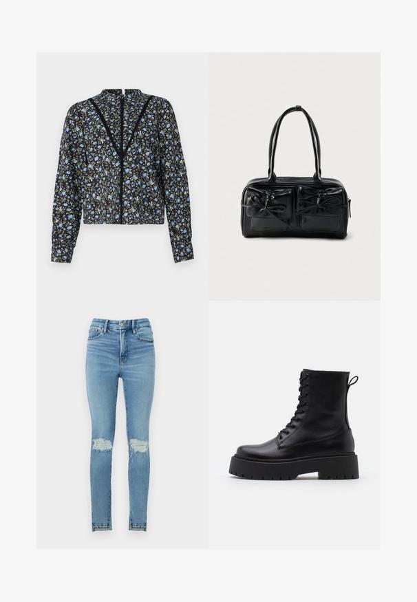 Sort blomstret bluse med lyseblå og grønne mønstre, lange ærmer, høj halsudskæring og en central lukning med blonde detaljer.; Good American BABY STEP HEM - Jeans Skinny Fit - indigo; Sorte læder ankelstøvler med rund tå, snørebånd foran og en tyk gummisål med struktureret slidbane. Hæfteløkke bagpå.; Sort læderhåndtaske med to frontlommer og sløjfedetaljer, med solide håndtag og en struktureret rektangulær form.