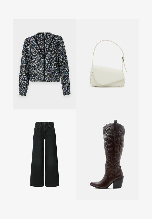 Sort blomstret bluse med lyseblå og grønne mønstre, lange ærmer, høj halsudskæring og en central lukning med blonde detaljer.; Bredde ben sorte jeans lavet af denim, med et klassisk fem-lomme design og dekorative nitter nær frontlommerne.; Høj mørkebrun læder cowboystøvle med syede dekorative mønstre, spids tå og stablet blokhæle.; Hvid taske i faux læder med en struktureret trekantet form, enkelt justerbart skulderstrop og en flaplås med kurver.