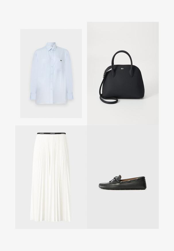 Chemise bleu clair à manches longues avec boutons, poche poitrine et petit logo crocodile vert sur la poche.; Jupe plissée blanche avec une taille élastique noire portant le logo "LACOSTE". Design mi-long avec une texture douce.; Bateau en cuir noir avec un bout arrondi, des détails de couture, un petit accent en nœud et une semelle en caoutchouc. Texture lisse et design épuré.; Sac à main noir en matériau texturé, doté de deux poignées supérieures et d'une bandoulière amovible, avec un accent logo en argent.