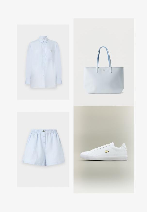 Chemise bleu clair à manches longues avec boutons, poche poitrine et petit logo crocodile vert sur la poche.; Boxer homme bleu clair avec ceinture élastique, fermeture avant à boutons et petit logo crocodile vert au centre.; Baskets blanches en cuir lisse avec un embout arrondi, des lacets plats et un petit logo doré. Présente une semelle en caoutchouc texturée et un design sobre.; Sac fourre-tout bleu clair texturé avec deux poignées et petit logo crocodile argenté au centre avant sur fond blanc.