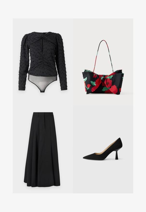 Hofmann Copenhagen EXCLUSIVE ALEXANDRA - Bluse - black; Langer schwarzer A-Linien-Rock mit Gürtelschlaufen und verdecktem Frontverschluss, vor weißem Hintergrund gezeigt.; Schwarze Wildleder-Pumps mit hohem Absatz und spitzer Zehenform, ausgestattet mit einem glänzenden schwarzen Blockabsatz und einem glatten Innenfutter.; Florale Schultertasche aus schwarzem Stoff mit roten und grünen Blumenmustern, Schleifendetail und einem dünnen, farbigen Henkel.