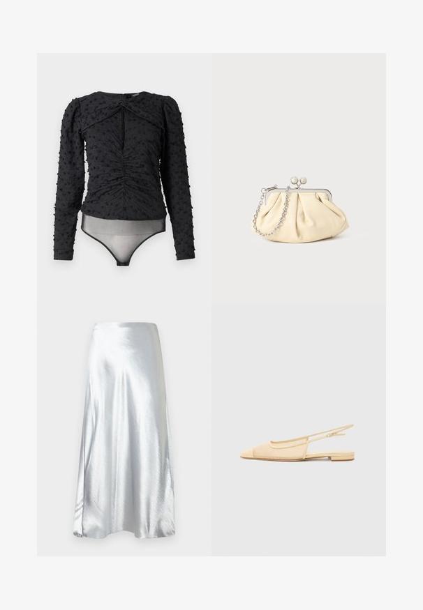 Hofmann Copenhagen EXCLUSIVE ALEXANDRA - Blusa - black; Falda midi de satén plateada con una textura suave, diseño acampanado y un brillo sutil. Cuenta con una pretina recta y una silueta en forma de A.; Zapato plano tipo slingback en beige claro con parte superior de malla, punta afilada y tacón bajo. Cuenta con una correa ajustable para un mejor ajuste.; Clutch de cuero beige plisado con un marco de metal plateado, que cuenta con dos broches decorativos redondos y una correa de cadena plateada.