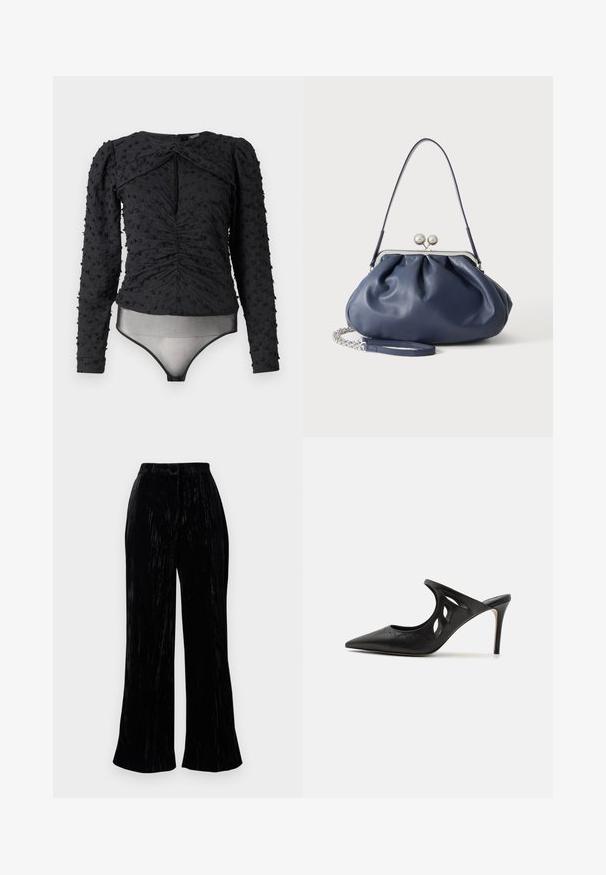 Hofmann Copenhagen EXCLUSIVE ALEXANDRA - Blúzka - black; Čierne sametové nohavice s širokými nohavicami a jemnou textúrou, s vysokým pásom a jemnými vertikálnymi pruhmi. Navrhnuté pre uvoľnený strih.; Čierne kožené vysoké špičaté papuče s výrezmi po stranách a hladkou textúrou. Stiletto podpätok a jemný steh.; Mäkká námornícky modrá kožená kabelka so strieborným zapínaním, jedným ramenným popruhom a odnímateľným reťazovým náramkom na bielom pozadí.