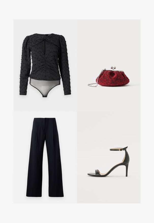 Hofmann Copenhagen EXCLUSIVE ALEXANDRA - Blusa - black; Pantalones negros con rayas en pinstripe y un diseño de pierna ancha, que presentan pliegues marcados y un acabado limpio. Fabricados con una tela suave y liviana.; Sándalo de tacón alto de piel negra con tiras en el tobillo. Presenta una textura suave, puntera abierta y un tacón delgado. Detalles de hebilla en tono dorado.; Pequeño bolso de mano rojo con cuentas, cierre plateado y correa de cadena sobre un fondo blanco liso.