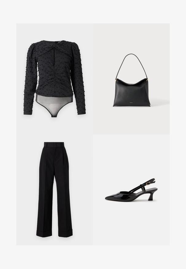 Hofmann Copenhagen EXCLUSIVE ALEXANDRA - Pluus - black; Kõrgendatud mustad püksid, valmistatud puuvillast. Omab laia säärte disaini, voldikuid ja keeratud sääri. Sile tekstuur, ilma nähtavate mustrite või riistvara.; Mustast lakknahast rihmkontsaga madala kontsaga king terava ninaga ja reguleeritava kuldse pandlaga valgel taustal.; Mustast nahast käekott ühe rihmaga ja väike kuldne brändi logo lihtsal heledal taustal.