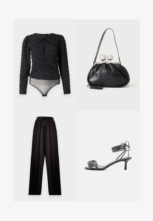 Hofmann Copenhagen EXCLUSIVE ALEXANDRA - Blouse - black; Zwarte wijde broek met een elastische tailleband en een subtiele luipaardprint textuur, met een trekkoord aan de voorkant.; Grijze leren sandaal met hak, voorzien van een geknoopte band bij de tenen en wikkellinten rond de enkel op een slanke sandaal met een middenhoge hak, tegen een witte achtergrond.; Zwarte leren handtas met een geplooid ontwerp, een enkele schouderband, zilverkleurige metalen omlijsting en twee grote ronde zilveren sluitingen.