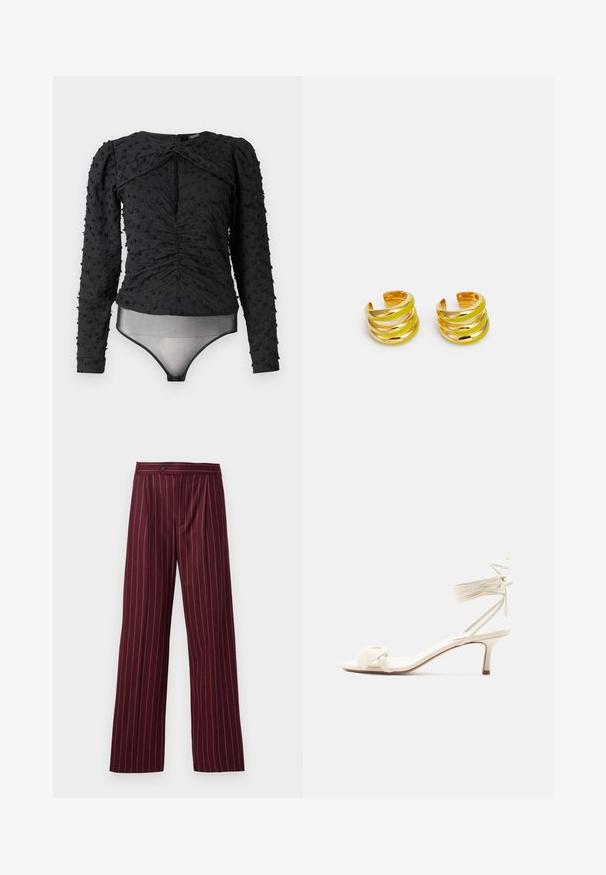 Hofmann Copenhagen EXCLUSIVE ALEXANDRA - Blusa - black; Pantalones de pierna ancha burdeos con un patrón de rayas, frente plisado y cierre de botón, hechos de una tela suave con un diseño estructurado.; Sandalia de tacón bajo color crema con lazos alrededor del tobillo y una amplia tira retorcida sobre los dedos, sobre un fondo blanco liso.; MISHO SUME - Pendientes - gold-coloured/lime green