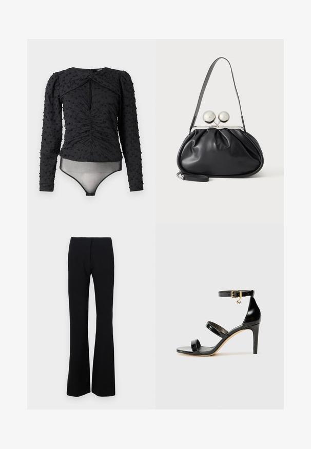 Hofmann Copenhagen EXCLUSIVE ALEXANDRA - Blúzka - black; Čierne rozšírené nohavice z elastického materiálu s hladkou textúrou a priliehavým pásom. Žiadne viditeľné uzávery ani vzory.; Čierne lakované sandále s tromi pásikmi, spona na členku a 10 cm ihlovým podpätkom. Obsahujú zlaté detaily s hardwarem a logo prívesok.; Čierna kožená kabelka so zhlukovým dizajnom, jedným popruhom, strieborným kovovým rámom a dvoma veľkými okrúhlymi striebornými zapínaniami.