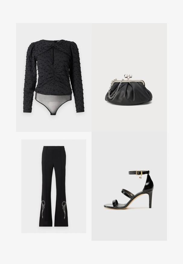 Hofmann Copenhagen EXCLUSIVE ALEXANDRA - Bluse - black; Schwarze, ausgestellte Hose mit weißer floraler Schleifenstickerei nahe dem Saum an beiden Beinen, mit vorderer Bügelfalte und Gürtelschlaufen.; Schwarze Lackleder-Sandale mit drei Riemen, Knöchelriemen und 10 cm hohen Stiletto-Absatz. Verfügt über goldfarbene Hardware-Details und ein Logo-Charm.; Schwarze Leder-Clutch mit geraffter Textur, silberfarbener Metallrahmen, Druckverschluss und Kettenriemen. Glatte, weiche Oberfläche.