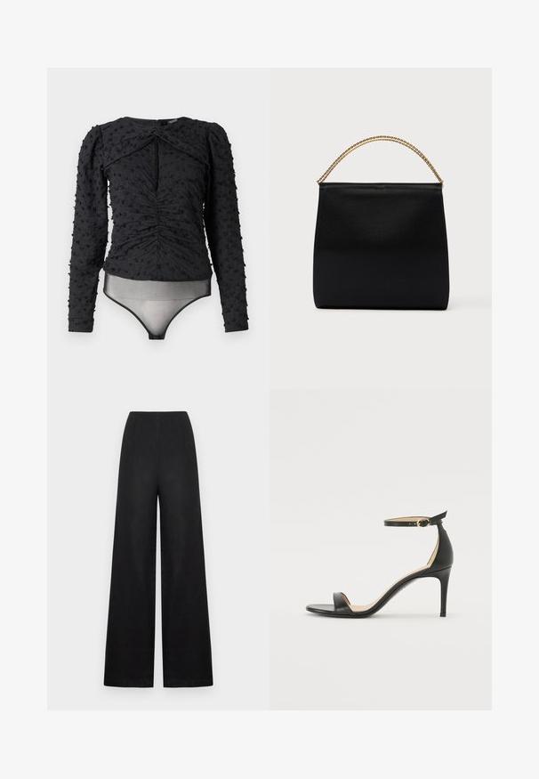 Hofmann Copenhagen EXCLUSIVE ALEXANDRA - Blouse - black; Zwarte wijde broek van linnen met een gladde textuur, voorzien van een hoge taille, voorplooien en zonder zichtbare hardware of accenten.; Zwarte leren hoge hak sandaal met enkelbandje. Heeft een gladde textuur, open teen en een dunne hak. Gouden gesp detail.; Zwarte tas van gladde stof met een gestructureerde vorm, een handvat van gouden ketting en een minimalistisch geometrisch ontwerp.