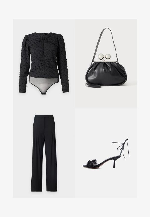 Hofmann Copenhagen EXCLUSIVE ALEXANDRA - Blusa - black; Pantalones de pierna ancha negros con frente plano, pliegues y cinturilla ajustada. Fabricados con una tela suave y ligera.; Sandalia negra de tacón alto y punta abierta con tira que se ata al tobillo y detalles de encaje en la banda frontal sobre un fondo liso claro.; Bolso de mano de cuero negro con diseño fruncido, una sola correa, marco metálico plateado y dos cierres grandes redondos de plata.
