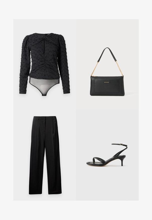 Hofmann Copenhagen EXCLUSIVE ALEXANDRA - Blusa - black; Pantalones negros de pierna ancha con una textura de tela suave, que cuentan con pliegues frontales, trabillas para el cinturón y una cremallera en la bragueta.; Sandalia negra de cuero para mujer con tiras finas, un lazo para el dedo del pie, hebilla en el tobillo y tacón de aguja de altura media sobre un fondo neutro.; Clutch de cuero negro con textura de guijarro, correa de cadena dorada y un bolsillo frontal. Presenta un logo dorado en la parte delantera.