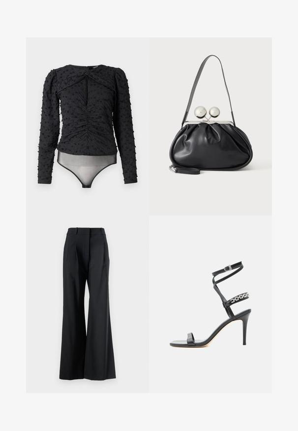 Hofmann Copenhagen EXCLUSIVE ALEXANDRA - Blusa - black; Veronica Beard OLLIE PANT - Pantalones - black; Sandalia negra de tacón alto con tira delgada en el tobillo, tira en la parte media del pie decorada con eslabones de cadena plateados y diseño de punta abierta.; Bolso de mano de cuero negro con diseño fruncido, una sola correa, marco metálico plateado y dos cierres grandes redondos de plata.