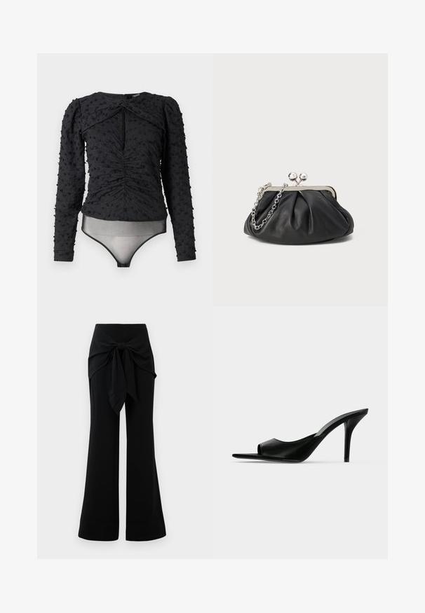 Hofmann Copenhagen EXCLUSIVE ALEXANDRA - Blouse - black; Zwarte wijde broeken met een tailleband detail. Gemaakt van zachte stof, met een gladde textuur en strakke lijnen. Zoom licht uitlopend.; Zwarte leren mule met open teen en hoge slanke naaldhak, zijaanzicht tegen een effen achtergrond.; Zwarte leren clutch met geplooide textuur, zilverkleurig metalen frame, drukknopsluiting en kettingriem. Glad, zacht oppervlak.