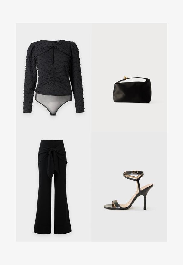 Hofmann Copenhagen EXCLUSIVE ALEXANDRA - Bluse - black; Schwarze weit geschnittene Hosen mit einem Taillenknoten-Detail. Hergestellt aus weichem Stoff, der eine glatte Textur und klare Linien aufweist. Der Saum ist leicht ausgestellt.; Schwarze Lackleder-Sandaletten mit hohen Absätzen, dünnem Knöchelriemen und Schnalle, offener Zehenpartie und schlankem Stiletto-Absatz auf weißem Hintergrund.; Schwarze Satinbeuteltasche mit runder Form, einem oberen Griff und einem goldenen Verschlussakzent. Glatte Oberfläche mit minimalistischer Gestaltung.