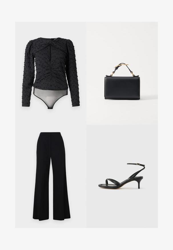 Hofmann Copenhagen EXCLUSIVE ALEXANDRA - Blouse - black; Zwarte wijde broek met hoge taille, gemaakt van zachte stof en met strakke lijnen. Geen zichtbare hardware of patronen.; Zwarte leren dames sandaal met dunne bandjes, een teengreep, een enkelgesp en een stilettohak van gemiddelde hoogte op een neutrale achtergrond.; Zwarte leren handtas met een rechthoekige vorm, voorzien van een bovenhandvat en gouden hardware accenten. Glad oppervlak, minimalistisch ontwerp.
