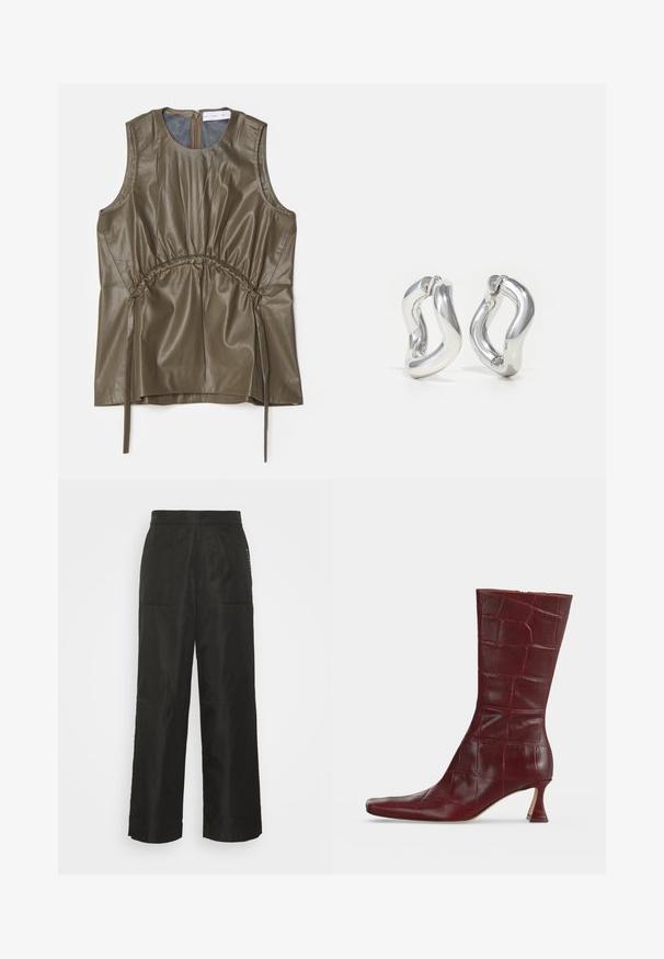Proenza Schouler White Label DRAWSTRING - Débardeur - wood; BLANCHE ELAYNE PANTS - Pantalon classique - black; Botte en cuir rouge foncé mi-mollet avec embossage croco, bout carré et petit talon kitten étroit et incurvé, vue de profil sur fond uni.; Boucles d'oreilles créoles argentées avec un design torsadé. Bords arrondis et finition brillante. Fermoirs ouverts pour un port facile. Texture lisse sur toute la surface.