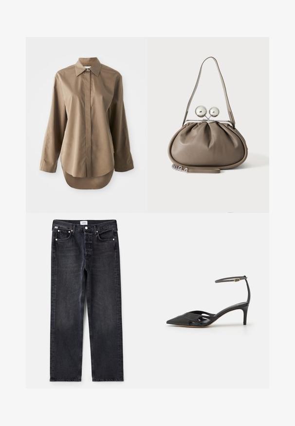 Brun langærmet skjorte lavet af glat stof, med spids krave, frontknaplukning, og en afrundet kant bagpå.; Sorte denimjeans med lige pasform, fem lommer, sølvhardware og en let falmet tekstur. Klassisk design med minimal detaljering.; Sort læder højhælet sko med spids tå, åbne sider og en tynd ankelrem med en lille guld detalje.; Grå læderhåndtaske med rundet form, toplås med to store sølvkugler og en enkelt strop.