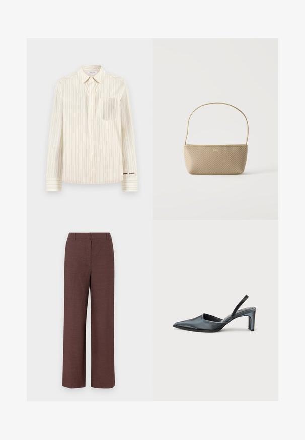 Chemise à boutons couleur crème avec des rayures verticales, manches longues, une poche poitrine, et le nom de la marque brodé en contraste sur le poignet.; Pantalons larges marron en tissu texturé avec une finition lisse, présentant un devant plat, des passants de ceinture et des poches latérales.; Escarpin noir à bride arrière avec un bout pointu, une finition satinée élégante et un talon fin de 7,5 cm. Design latéral ouvert avec des détails de couture minimalistes.; Sac à main tissé beige avec fine bandoulière et petit logo doré "BOSS" à l'avant, présenté sur fond blanc uni.