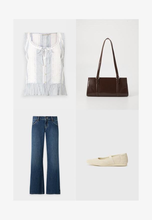 Blouse sans manches à rayures bleues et blanches avec panneaux en dentelle, boutons devant, col noué et ourlet à volants.; Jean denim bleu coupe droite avec poches avant, passants de ceinture, fermeture par bouton et coutures visibles sur un fond clair uni.; Ballerines beiges avec une exterior en cuir lisse, un bout en forme d'amande et une sangle élastique sur le coup de pied, avec des détails de couture subtils.; Sac à main en cuir verni marron de forme rectangulaire, avec deux longues poignées et des accents courbés subtils à l'avant.