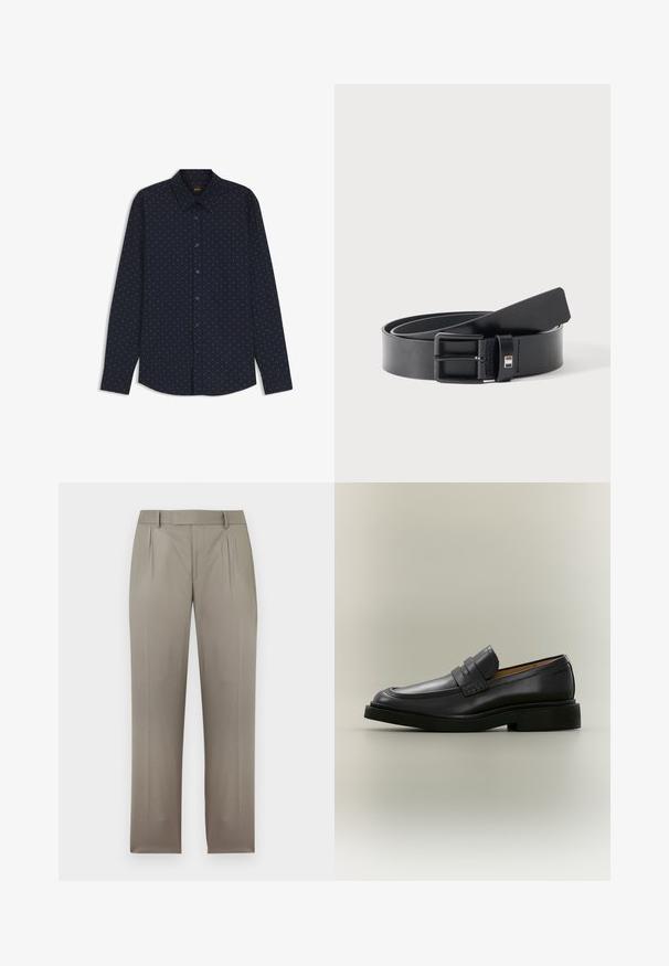Chemise bleu marine à manches longues boutonnée avec petits pois blancs et col classique, affichée sur fond blanc.; Pantalon sur mesure marron clair avec passants de ceinture, plis avant et jambes droites, présenté sur fond blanc.; Mocassin homme en cuir noir avec un petit talon et une bride sur le dessus, montré de profil sur un fond neutre.; Ceinture en cuir noir avec boucle métallique noire mate, légèrement enroulée avec l'extrémité de la lanière reposant sur une surface blanche.