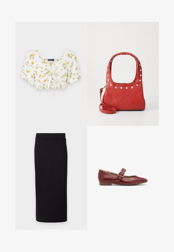 Top court blanc avec des manches bouffantes courtes, orné d'un imprimé floral jaune et vert. Centre froncé avec des lacets ajustables pour un meilleur ajustement.; Jupe noire longueur genoux en tissu doux et extensible. Dotée d'une taille sans couture et d'une silhouette ajustée avec une texture lisse.; Ballerines en cuir bordeaux avec un bout arrondi, une bride de cheville réglable avec une boucle en métal argenté, et un petit talon brun.; Sac en cuir rouge avec des rivets argentés autour du bord supérieur et des poignées, doté d'une bandoulière amovible sur un fond uni.