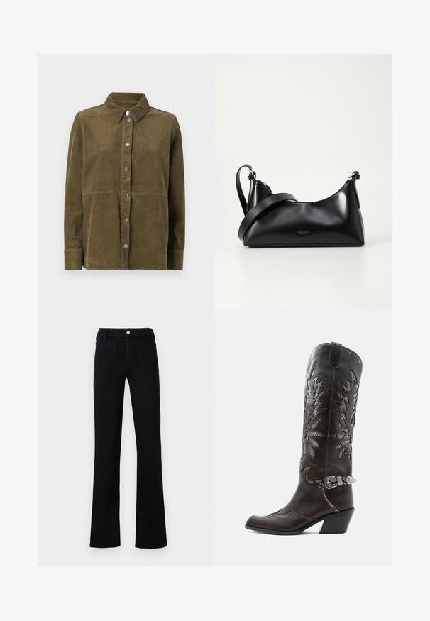 Veste chemise en velours côtelé vert olive avec col, manches longues, boutons argentés et texture ribbed verticale.; Jean droit noir taille haute avec poches avant plaquées et fermeture à bouton en cuivre sur un fond neutre.; Botte de cowboy en cuir noir avec découpes décoratives, boucle argentée et talon incliné, présentée sur fond blanc.; Sac à main en cuir noir avec une texture lisse. Dispose d'une bandoulière adjustable et d'un design élégant et minimaliste avec une fermeture éclair.