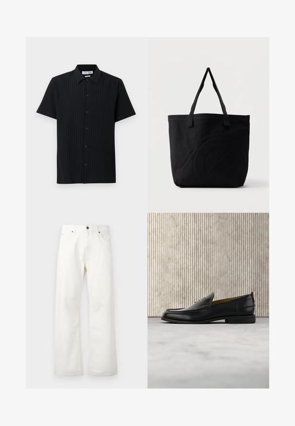 Sort kortærmet skjorte med knapper, med lodrette teksturerede striber og spids krave mod en hvid baggrund.; Hvide flared jeans lavet af denim, med en standard talje, forlommer og knaplukning. Struktureret stof med en ren finish.; Sort læder herreloafer med krokodillepræget forstykke og lav hæl, vist i profil på en neutral baggrund.; Sort canvas-tote-taske med to skulderstropper og et diskret præget cirkeldesign på fronten.