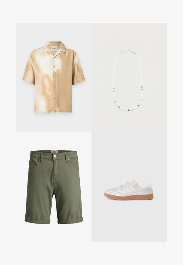 Chemise à manches courtes avec boutons, motif tie-dye beige et blanc, col pointu et cinq boutons sur le devant.; Shorts en coton vert olive avec ourlets retroussés, bouton frontal, fermeture éclair, passants pour ceinture et poches avant de Jack & Jones Pants Studio.; Baskets argentées avec une texture lisse, un design à lacets, des accents perforés et une semelle en caoutchouc marron texturé.; Collier de perles blanches avec des intercalaires en strass argentés et un fermoir chaîne en argent, présenté sur un fond clair uni.