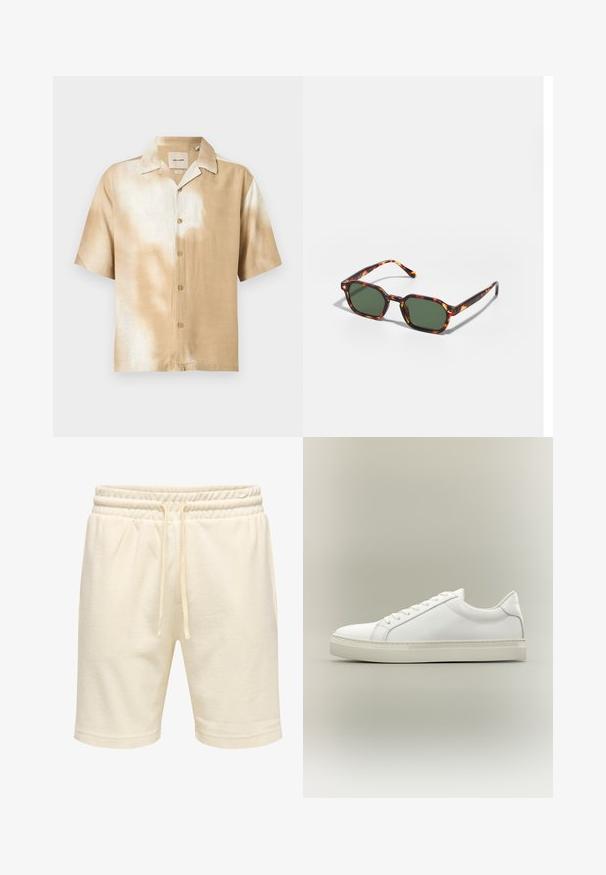 Chemise à manches courtes avec boutons, motif tie-dye beige et blanc, col pointu et cinq boutons sur le devant.; Short crème à cordon, taille élastique et deux poches latérales, en tissu texturé, présenté sur un fond uni.; Baskets blanches basses à lacets sur l’avant et semelle épaisse, vues de côté sur un fond neutre.; Lunettes de soleil en écaille de tortue avec des verres verts, présentant une forme octogonale et des branches minces et courbées. Le matériau a une finition brillante.