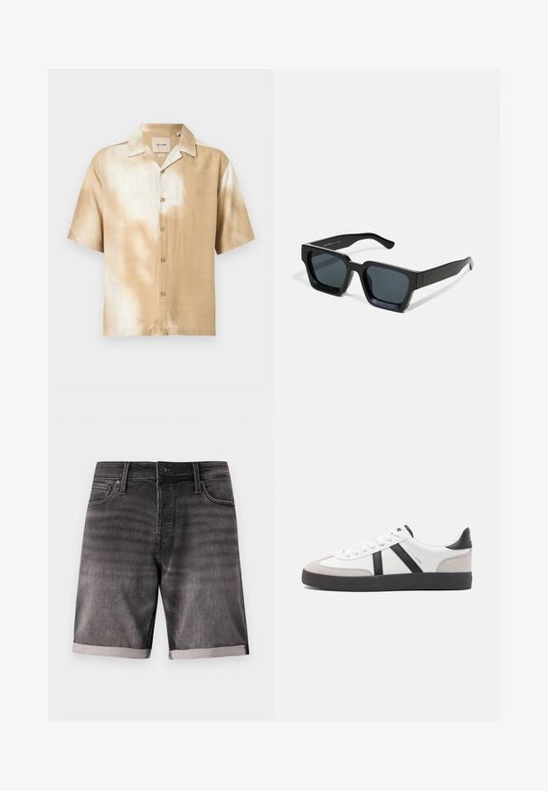Chemise à manches courtes avec boutons, motif tie-dye beige et blanc, col pointu et cinq boutons sur le devant.; Shorts en jean noir délavé avec bouton sur le devant, passants pour ceinture, cinq poches et ourlets retroussés.; Baskets blanches avec des accents noirs et gris, présentant un embout texturé gris, une semelle en caoutchouc noir et des lacets plats blancs. Design épuré, style minimaliste.; Lunettes de soleil rectangulaires noires avec des verres foncés. Monture en plastique épaisse et lisse avec une finition légèrement brillante et des branches droites.