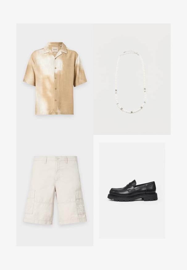 Chemise à manches courtes avec boutons, motif tie-dye beige et blanc, col pointu et cinq boutons sur le devant.; Shorts cargo beiges en coton léger, dotés de deux poches latérales, d'un bouton de fermeture à l'avant et de détails de couture.; Mocassin en cuir noir avec semelle épaisse crantée et détail de bride penny, présenté en profil droit sur fond blanc.; Collier de perles blanches avec des intercalaires en strass argentés et un fermoir chaîne en argent, présenté sur un fond clair uni.