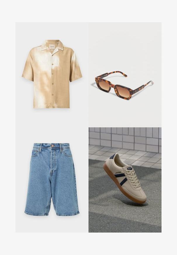 Chemise à manches courtes avec boutons, motif tie-dye beige et blanc, col pointu et cinq boutons sur le devant.; Shorts en denim bleu clair avec une texture délavée. Comprend une fermeture à bouton à l'avant, des passants de ceinture et des poches latérales. Coutures épaisses en accent.; Baskets beiges avec une finition texturée, bandes navy et semelle en caoutchouc. Équipées d'une languette rembourrée et d'un système de laçage traditionnel pour un maintien sécurisé.; Lunettes de soleil rectangulaires à motif écaille de tortue avec des verres dégradés marron, reposant sur une surface claire.