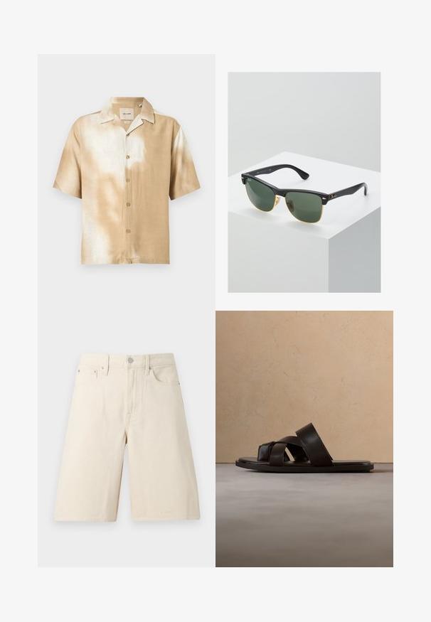 Chemise à manches courtes avec boutons, motif tie-dye beige et blanc, col pointu et cinq boutons sur le devant.; Short en jean écru mi-longueur avec bouton avant, fermeture éclair, passants pour ceinture et design à cinq poches sur fond blanc.; Sandale glissante en cuir noir avec trois sangles croisées, semelle plate et texture lisse, suspendue au-dessus d'un tapis en fibres naturelles tissées.; Lunettes de soleil Ray-Ban avec des verres verts, monture en plastique noir et accents dorés sur les bords. Forme carrée avec une finition mate.