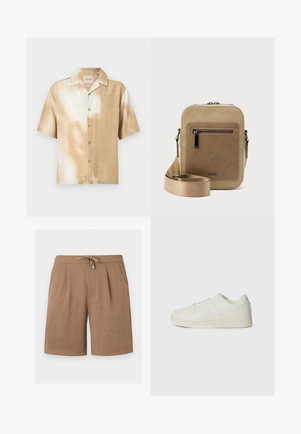 Chemise à manches courtes avec boutons, motif tie-dye beige et blanc, col pointu et cinq boutons sur le devant.; Shorts décontractés pour hommes de couleur marron clair avec taille à cordon et poches latérales, fabriqués en tissu léger, présentés sur un fond uni.; Baskets blanches avec une texture en cuir lisse, design à lacets, détails perforés et trois rayures diagonales sur le côté. Semelle en caoutchouc.; Petit sac bandoulière beige avec poche avant zippée, logo métallique ALDO, sangle large ajustable et forme rectangulaire arrondie sur fond blanc.