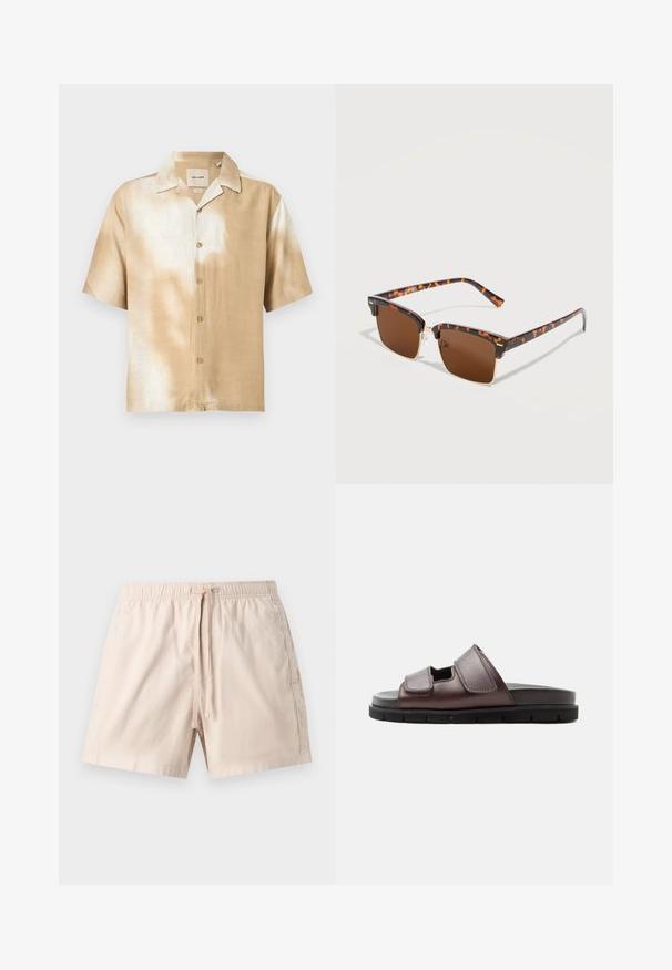 Chemise à manches courtes avec boutons, motif tie-dye beige et blanc, col pointu et cinq boutons sur le devant.; Short en coton beige avec taille élastique et cordon à l'avant, devant plat et coutures latérales sur fond uni.; Sandale en cuir marron avec deux brides Velcro ajustables et une semelle noire coussinée sur fond blanc.; Lunettes de soleil carrées écaille de tortue avec verres marron et fines accents en métal doré, présentées sur une surface blanche.
