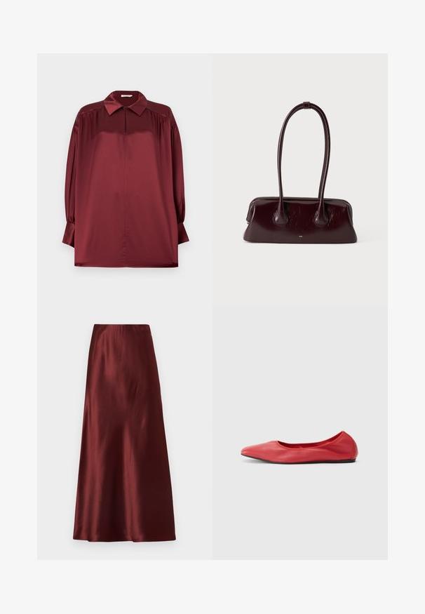 Blouse en satin bordeaux à manches longues avec col pointu, épaules plissées et poignets boutonnés sur un fond uni.; Jupe maxi en satin bordeaux avec une texture lisse et brillante et une silhouette droite. Caractérisée par une taille haute et une longueur jusqu'aux chevilles.; Filippa K REY FLATS - Ballerines - bright red; Sac à main en cuir brun foncé brillant avec de longues anses fines et une base rectangulaire structurée sur un fond clair uni.