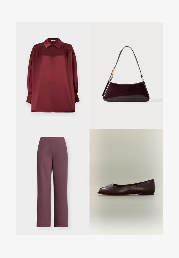 Blouse en satin bordeaux à manches longues avec col pointu, épaules plissées et poignets boutonnés sur un fond uni.; Pantalon femme taille haute, jambe droite, en tissu violet uni atténué, sans poches visibles ni ornements, vue de face sur fond blanc.; Chaussure plate en cuir marron foncé avec bout ouvert et petit talon sur fond clair uni.; Sac à main en cuir brun foncé brillant avec une bandoulière simple et des détails en métal doré sur un fond uni.