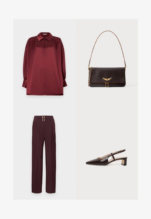 Blouse en satin bordeaux à manches longues avec col pointu, épaules plissées et poignets boutonnés sur un fond uni.; Pantalon taille haute de couleur bordeaux foncé avec deux sangles à boucle dorée en haut et une coupe droite.; Chaussure slingback en cuir marron foncé à texture crocodile, bout pointu, talon bas bloc et bride ajustable avec boucle dorée.; Sac à bandoulière en cuir marron foncé avec anse chaîne dorée, emblème ailé doré sur le rabat, et double fermeture éclair dorée en bas à l’avant.