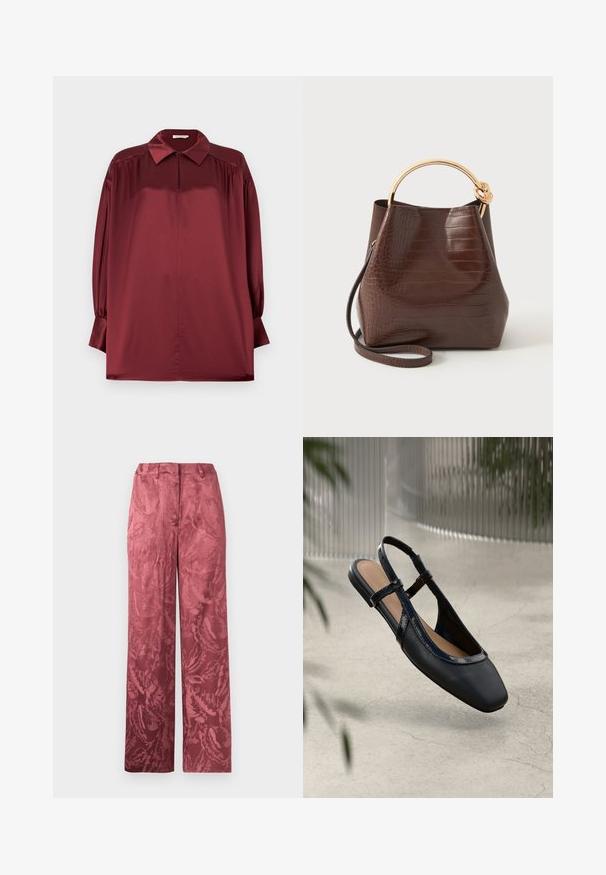 Blouse en satin bordeaux à manches longues avec col pointu, épaules plissées et poignets boutonnés sur un fond uni.; Pantalon à jambes larges en rose doux avec un motif jacquard floral subtil et une fermeture éclair à l'avant.; Chaussure plate slingback en cuir noir avec un orteil carré, dotée d'un fini verni brillant et de sangles ajustables pour un maintien sécurisé.; Sac à main marron foncé à texture crocodile avec poignée ronde en métal doré et longue bandoulière assortie sur fond blanc.