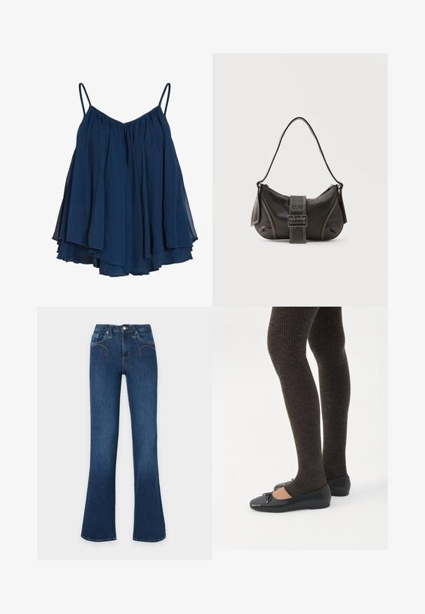 Haut sans manches en mousseline superposée bleu marine avec fines bretelles et coupe ample et fluide.; Jean en denim bleu foncé à taille haute, bouton et fermeture éclair devant, jambes évasées.; Jambes portant des leggings côtelés foncés associés à des ballerines noires avec de petits détails en nœud sur fond blanc.; Sac à épaule en cuir noir avec une sangle à boucle, des bords arrondis et des coutures blanches contrastées sur un fond uni.