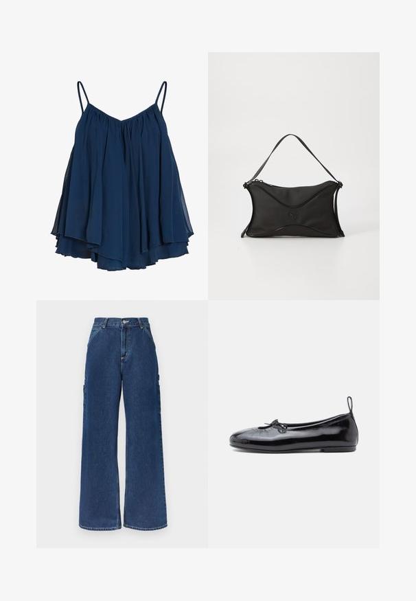 Haut sans manches en mousseline superposée bleu marine avec fines bretelles et coupe ample et fluide.; Jean en denim bleu foncé taille haute à jambes larges avec poches avant, poches latérales utilitaires, et fermeture à boutons et zip.; Ballerine en cuir verni noir avec un bout rond, un petit nœud décoratif et une texture lisse ; présente une semelle plate basse et une languette au talon.; Sac à main noir en matériau doux et texturé. Présente un design ondulé, une bandoulière unique et un détail logo subtil à l'avant.