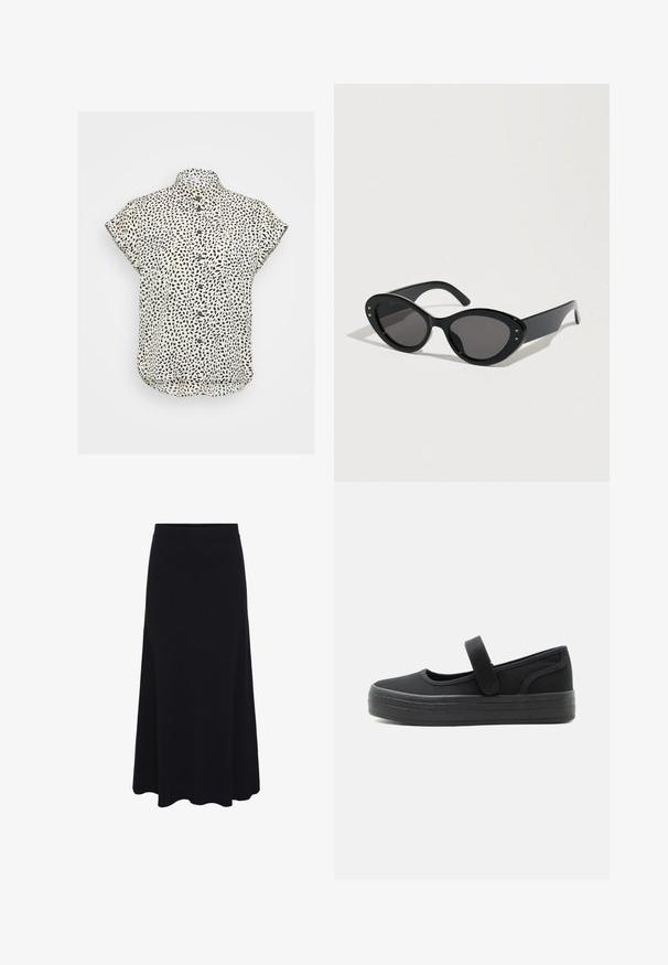 Camisa de botones de manga corta en crema con manchas abstractas negras. Diseño con cuello, dobladillo ligeramente curvado y textura de tela suave.; Falda midi negra en corte A, hecha de un material flexible. Presenta una cinturilla ajustada y un dobladillo con forma de ondas, proporcionando una silueta suave.; Zapato Black Mary Jane con suela gruesa de goma y cierre ajustable de velcro, diseñado para uso casual con punta redondeada.; Gafas de sol negras con una forma de ojo de gato sobredimensionada. Montura de plástico lisa con lentes oscuras y pequeños detalles de estrellas en los lados.