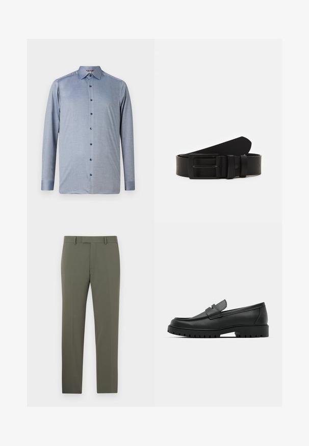 Langærmet skjorte i lys blå, lavet af tekstureret stof. Har en klassisk krave og mørkeblå knapper foran.; Slim-fit, olivengrønne bukser lavet af et glat materiale, med flad front, bæltestropper og sidelommer. Skræddersyet design og rene linjer.; Sorte læder loafers med rund tå, der har et syet design, lav platformssål og en struktureret, skridsikker gummisål.; Sort læderbælte rullet med en mat sort rektangulær metalspænde og to bæltesløjfer på en hvid baggrund.