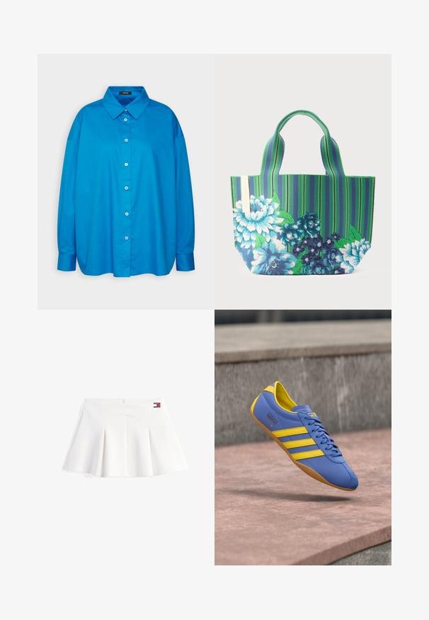 Blauw overhemden met een puntige kraag, lange mouwen en een rechte snit. Glad katoen met contrasterende witte knopen.; Witte plissé mini-rok met een zachte textuur en een rits aan de zijkant. Voorzien van een klein logo-opdruk in rood, wit en blauw op de tailleband.; Blauwe sneaker van synthetisch leer met gele accenten, voorzien van drie strepen, een rubberen zool en een afgeronde neus. Vetersluiting.; Tote tas met groene en blauwe verticale strepen, met grote blauw-witte bloemmotieven en twee korte handvatten.