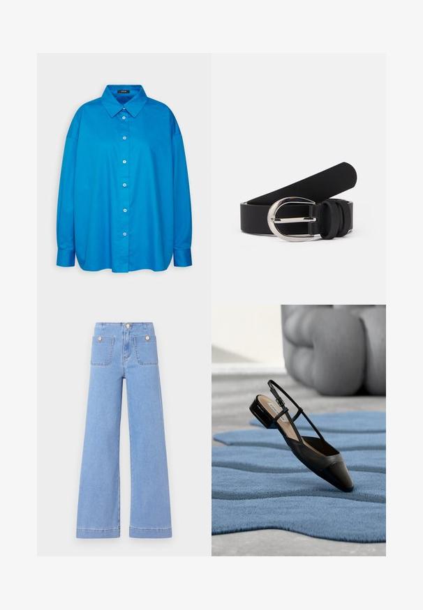 Blå skjorte med knaplukning, spids krave, lange ærmer og lige snit. Glat bomuldsstof med kontrasterende hvide knapper.; Lysblå vide jeans med høj talje, to baglommer og guldtonede knapper. Lavet af denim med en glat overflade og rent finish.; Sort laklædersko med slingback og lav blokhæl, hvilende på et tekstureret blåt bølgemønster tæppe og gråt polstret møbel.; Sort læderbælte med en glat overflade, der har en sølvfarvet metalspænde og enkle løb-accenter. Designet er elegant og minimalistisk.