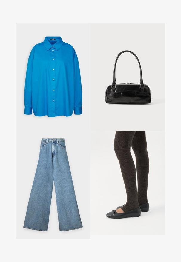 Blå skjorte med knaplukning, spids krave, lange ærmer og lige snit. Glat bomuldsstof med kontrasterende hvide knapper.; Good American PANELED WIDE LEG - Wide leg - indigo; Ben iført mørke ribbede leggings kombineret med sorte balletsko med små sløjfedetaljer på hvid baggrund.; Sort læderhåndtaske med rektangulær form, der har et enkelt struktureret håndtag, sølvhardware og lynlås-lukning. Glat tekstur.