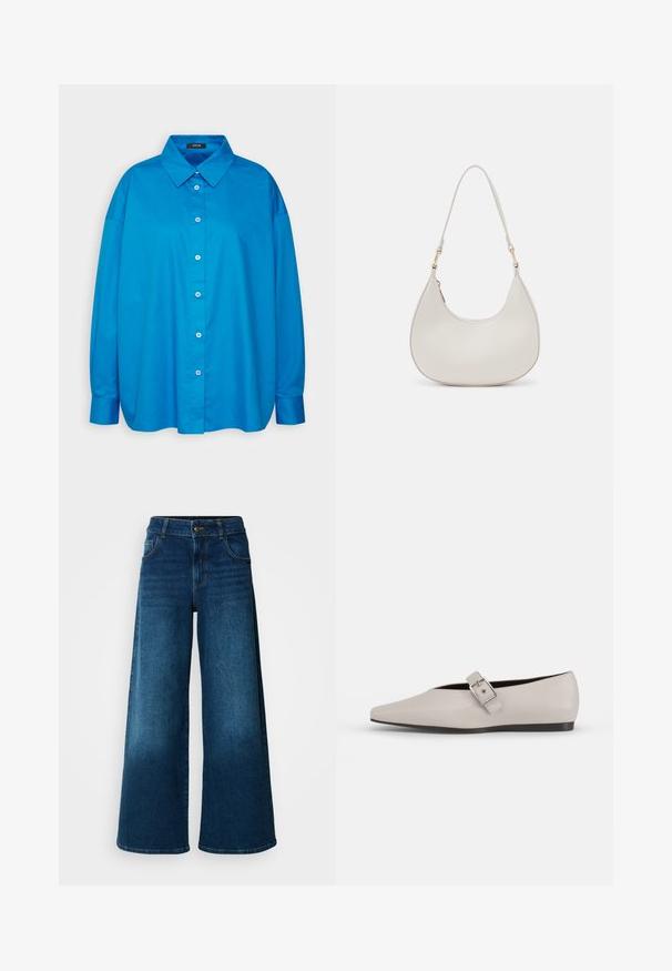 Camisa azul de botones con cuello puntiagudo, mangas largas y corte recto. Tejido de algodón suave con botones blancos en contraste.; Jeans de pierna ancha hechos de denim azul oscuro. Presentan una cintura alta, cierre de botón y un diseño clásico de cinco bolsillos con un ligero desgaste.; Zapato plano de cuero beige con punta afilada, un detalle de hebilla lateral y suela negra baja. Textura suave y diseño minimalista.; Bolso de hombro de cuero crema con forma de media luna, correa delgada y sutil detalle de costuras. Diseño minimalista con acentos de hardware en tono dorado.