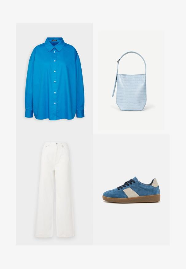 Camisa azul de botones con cuello puntiagudo, mangas largas y corte recto. Tejido de algodón suave con botones blancos en contraste.; Jeans de mezclilla de cintura alta y pierna ancha en color blanco. Cuenta con bolsillos delanteros, un cierre de botón y detalles de dobladillo deshilachado.; Zapatillas de ante azul con un acento de cuero beige, cordones oscuros y una suela de goma texturizada; diseño de perfil bajo con puntera redondeada.; Bolso de mano azul claro con textura de cocodrilo, forma rectangular, asa superior única y una correa colgante lateral sobre un fondo blanco liso.