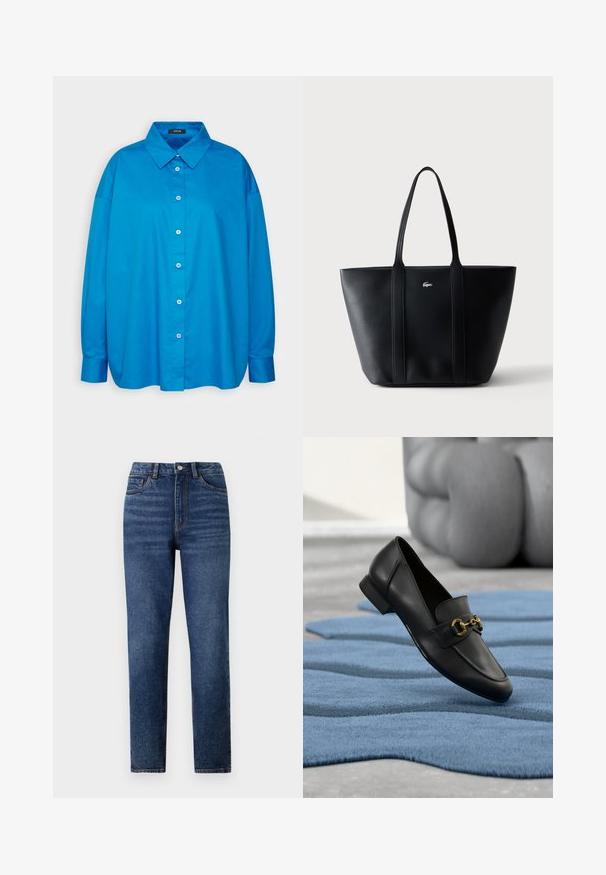 Camisa azul de botones con cuello puntiagudo, mangas largas y corte recto. Tejido de algodón suave con botones blancos en contraste.; Jeans de mezclilla azul de cintura alta con pierna recta, que cuentan con un ligero desgaste, cierre de un botón y diseño de cinco bolsillos.; Mocasín de cuero negro con detalle de hebilla dorada colocado sobre una alfombra azul texturizada y un fondo desenfocado de escultura gris.; Bolso tote de cuero negro con dos asas para el hombro y un pequeño logotipo de cocodrilo plateado en el centro delantero sobre un fondo claro y liso.